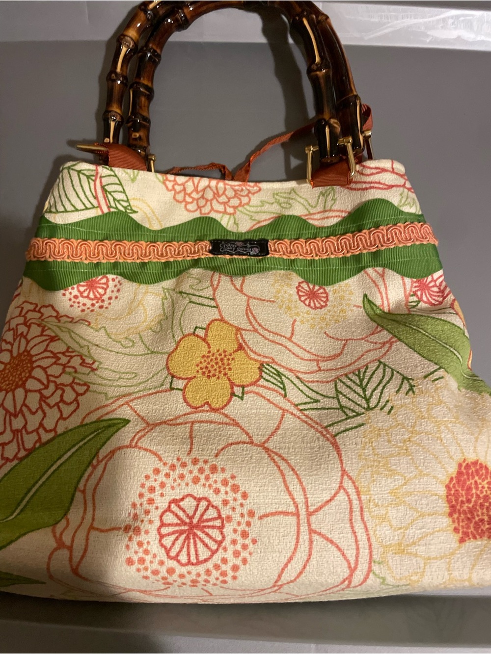 Floral Canvas Tote with Bamboo Handles in Cream, Green & Coral